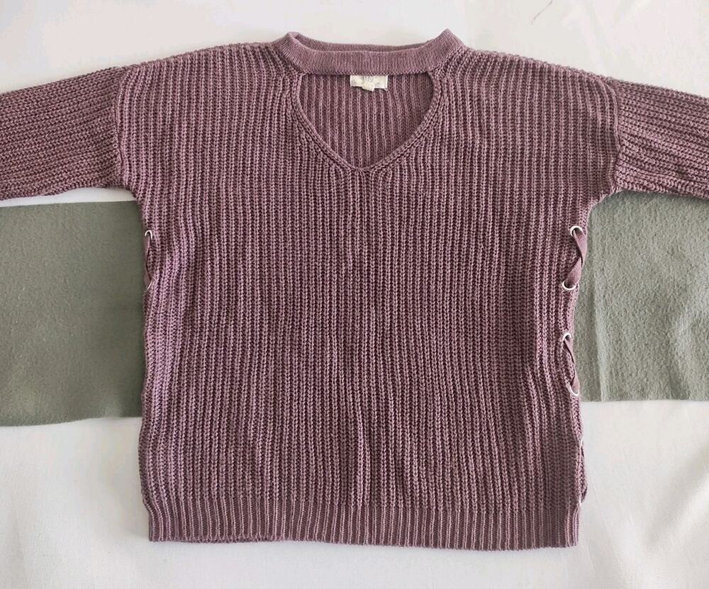 Hippie Rose Medium Plum Sweater Chunky Knit Warm Soft Lace Up Sides Open Neck